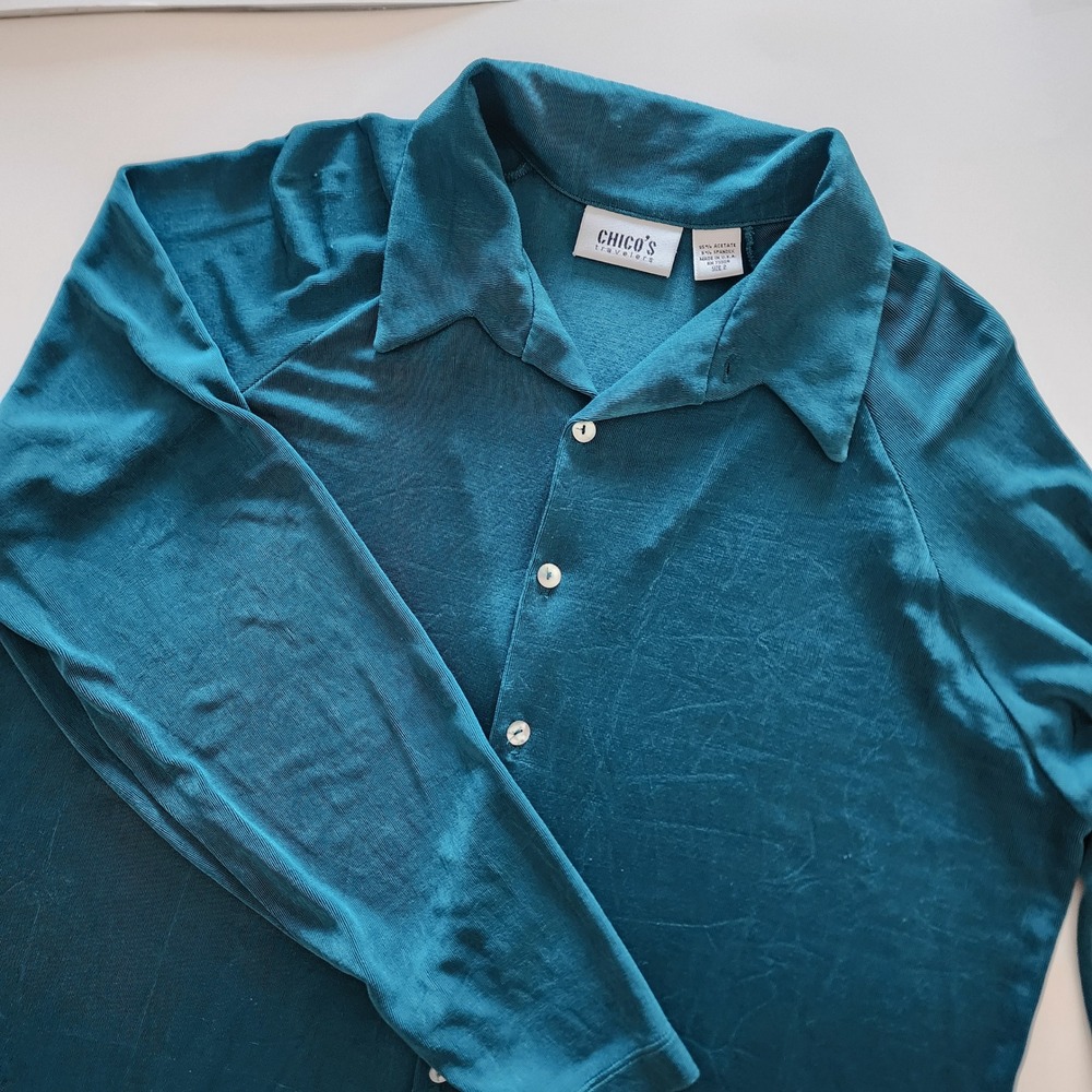 Chico's Travelers Teal Acetate Spandex‎ Long Sleeve Button Down Shirt Size 2 (L)